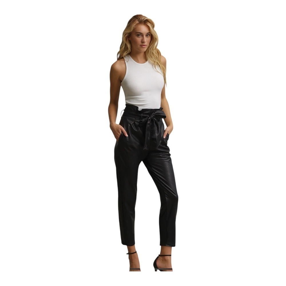 NWT Commando Faux Leather Belted Paper Bag Women High Waist Pants Black Sz L